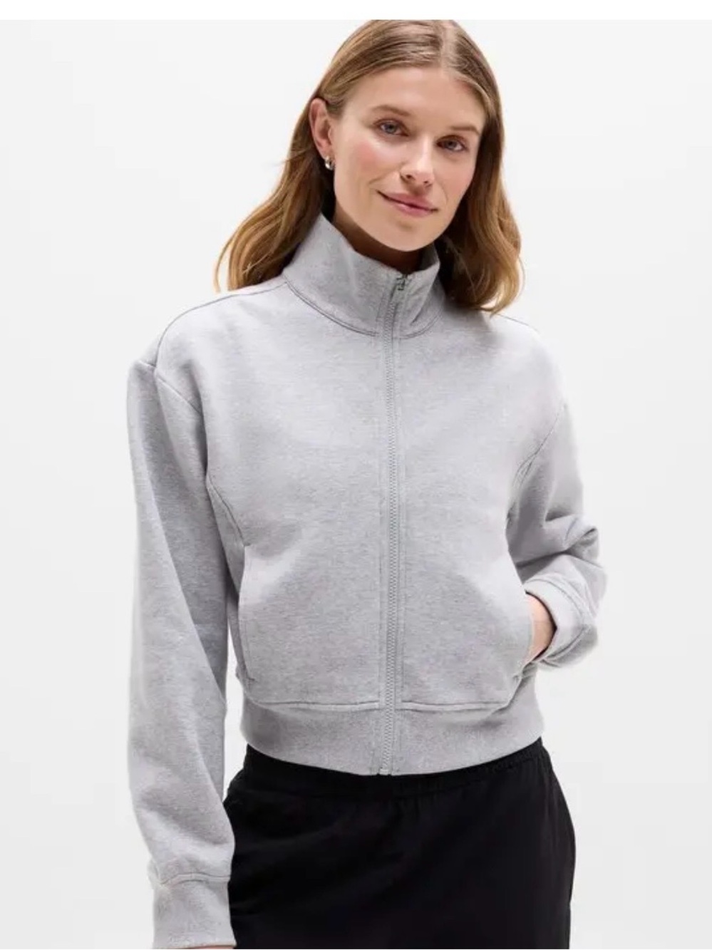 Athleta Fleece Track Jacket Light Gray Full-Zip Mock Neck